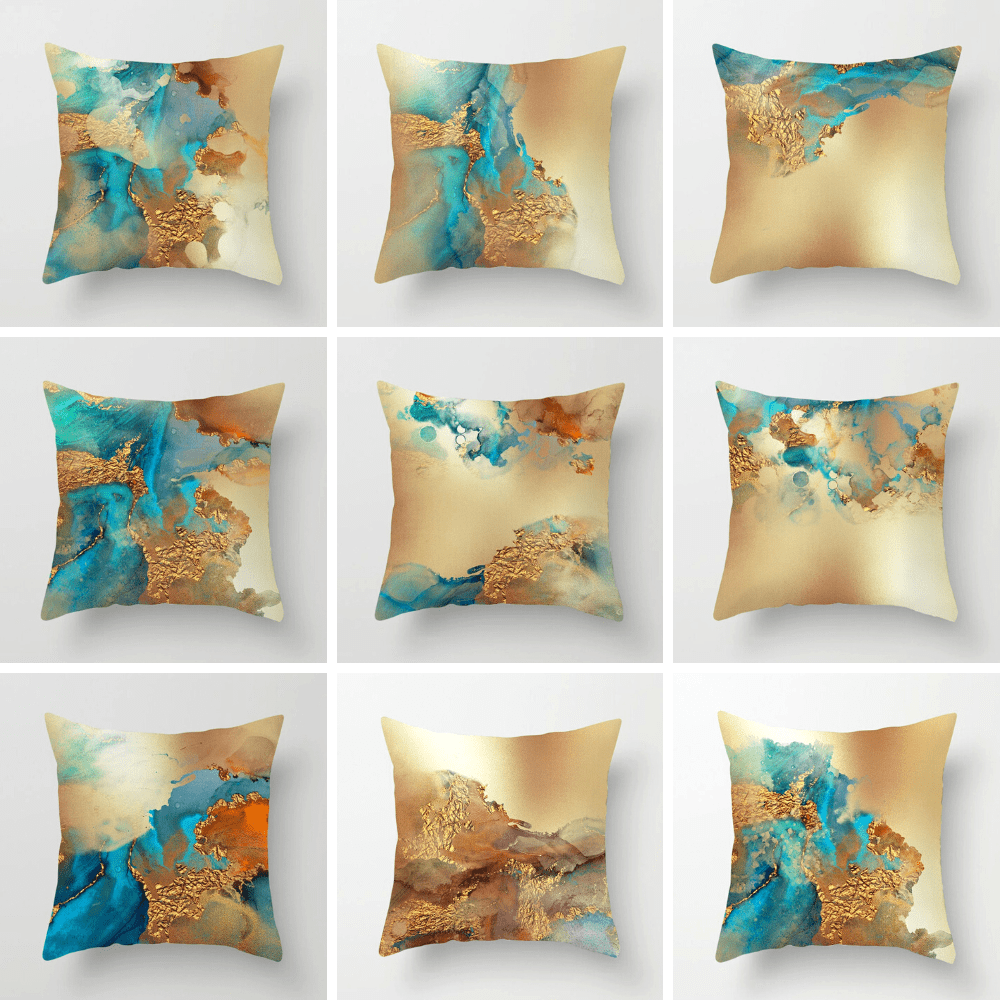 Abstract Teal Blue and Gold Cushion Covers MILEY HOME