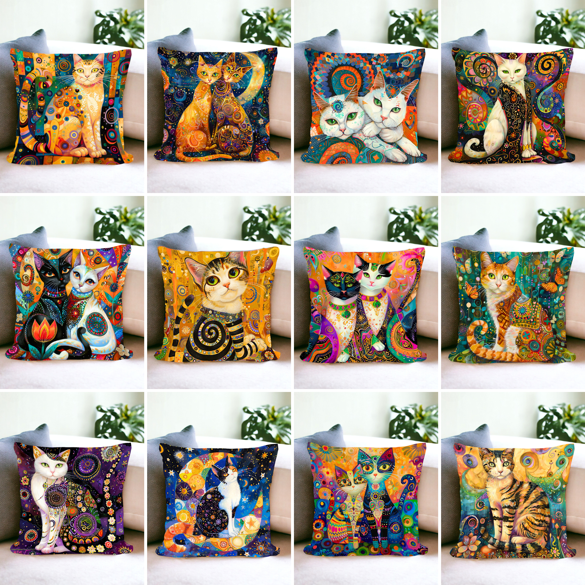 Gustav Klimt Inspired Cats Cushion Covers