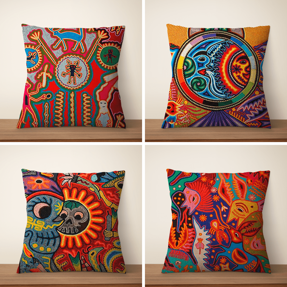 Artistic vibrant Huichol Design Cushion Cover